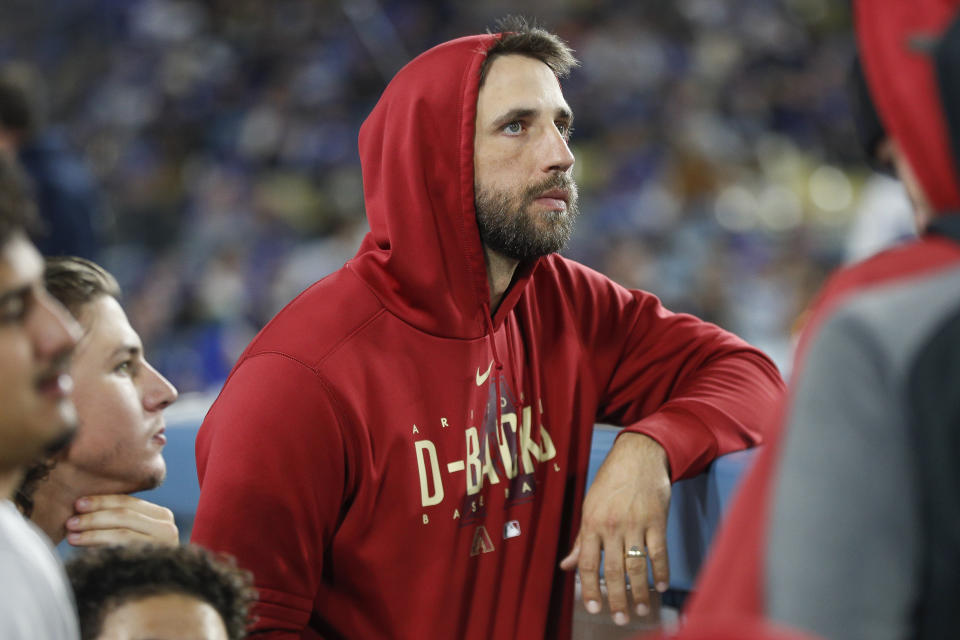 LOS ANGELES, CA - MARCH 31: Arizona Diamondbacks starting pitcher Madison Bumgarner (40) looks on during a regular season game between the Arizona Diamondbacks and Los Angeles Dodgers on March 31, 2023, at Dodger Stadium in Los Angeles, CA. (Photo by Brandon Sloter/Icon Sportswire via Getty Images)