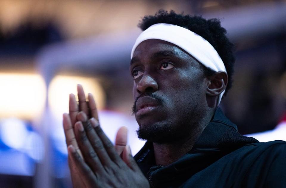 Toronto Raptors forward Pascal Siakam (43) listens to the national anthem during an NBA game at Golden 1 Center on Friday, Jan. 5, 2024.