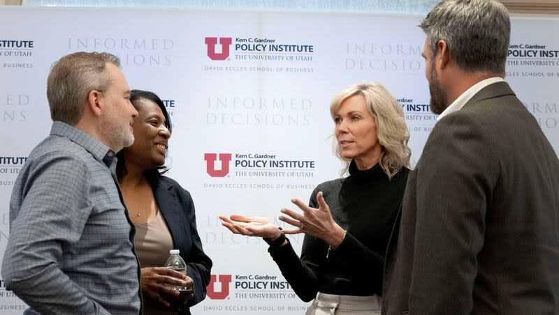 Sen. Lincoln Fillmore, R-South Jordan; Rep. Sandra Hollins, D-Salt Lake City; Amanda Covington, Larry H. Miller Company; and Mike Maughan, Smith Entertainment Group, gather after speaking at the Kem C. Gardner Policy Institute’s Newsmaker Breakfast at the Thomas S. Monson Center in Salt Lake City on Wednesday, March 13, 2024. The status of trying to bring new professional sports franchises to Utah was the center of the discussion.