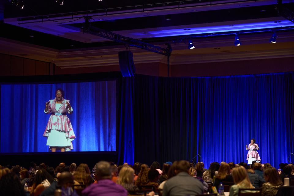 Lacey Robinson speaks at the opening keynote of the UnboundEd Standards Institute teacher training in Las Vegas last year. Robinson became an educator with a mission to hold children of all races to high standards and ensure they feel seen in the classroom and the curriculum, because of her own negative experiences in the school system. “My family had told me I was brilliant. People at my church, my Girl Scout counselor, everybody . . . except for when I got to school,” she recalled.