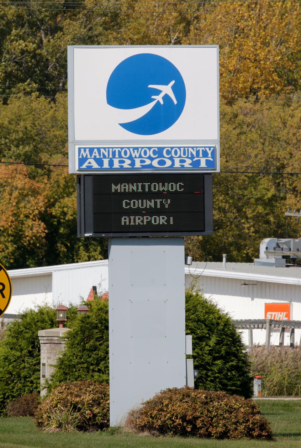 The sign at the entrance of the Manitowoc County Airport, Tuesday, October 11, 2022, in Manitowoc, Wis.