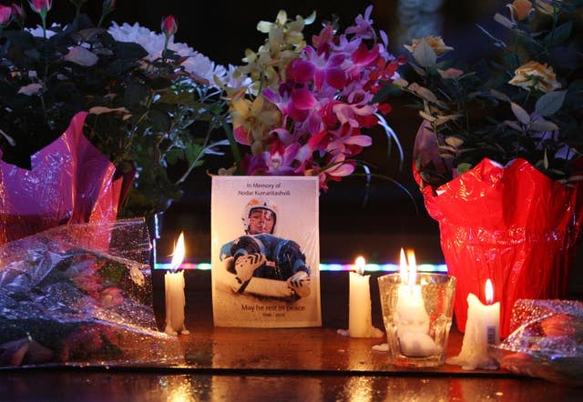 A makeshift memorial to Georgian athlete Nodar Kumaritashvili 