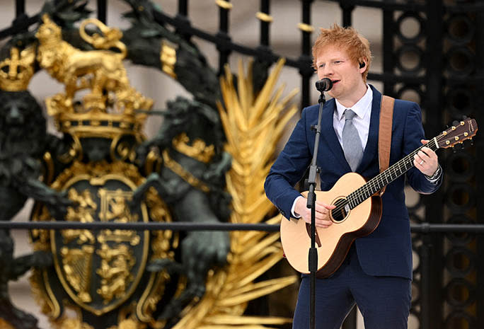 Ed Sheeran performs during the Platinum Jubilee Pageant outside Buckingham Palace in London on June 5, 2022. - Credit: Mirrorpix / MEGA