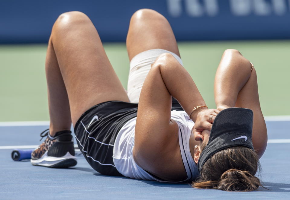 Bianca Andreescu, of Canada, celebrates after defeating Sofia Kenin, of the United States, during the Rogers Cup women’s tennis tournament Saturday, Aug. 10, 2019, in Toronto. (Frank Gunn/The Canadian Press via AP)