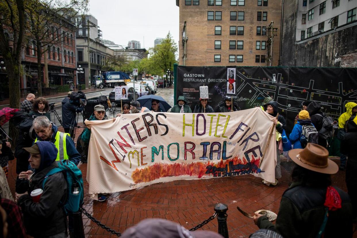 Housing advocates and former residents marked the second anniversary of the deadly Winters Hotel fire in Vancouver on Thursday. (Ben Nelms/CBC - image credit)
