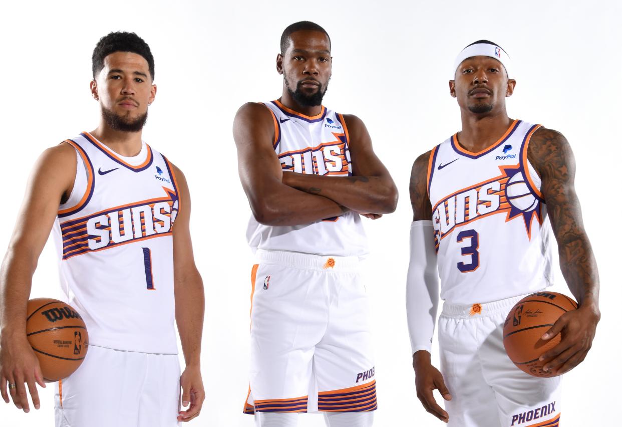 The Suns' Big Three of Kevin Durant, Bradley Beal and Devin Booker has played only 31 games together this season. (Photo by Barry Gossage / NBAE via Getty Images)