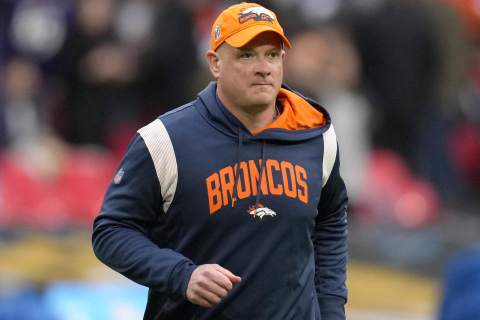 Denver Broncos head coach Nathaniel Hackett during the NFL football game between Denver Broncos and Jacksonville Jaguars at Wembley Stadium London, Sunday, Oct. 30, 2022. (AP Photo/Kirsty Wigglesworth)