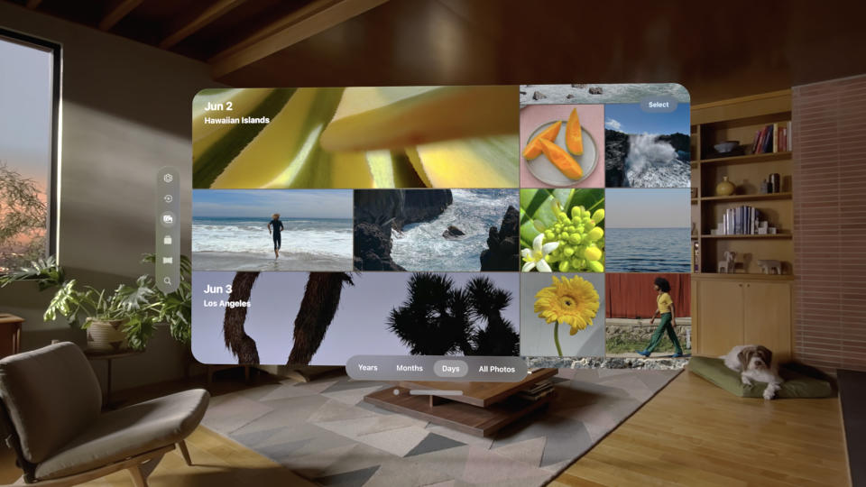 A menu from the Apple Vision Pro headset overlaid on a living room