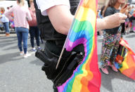 <p>Thousands of people take part in the annual Belfast Pride event in Belfast city center celebrating Northern Ireland’s LGBT community on Aug. 5, 2017. (Photo: Press Eye Ltd/REX/Shutterstock) </p>