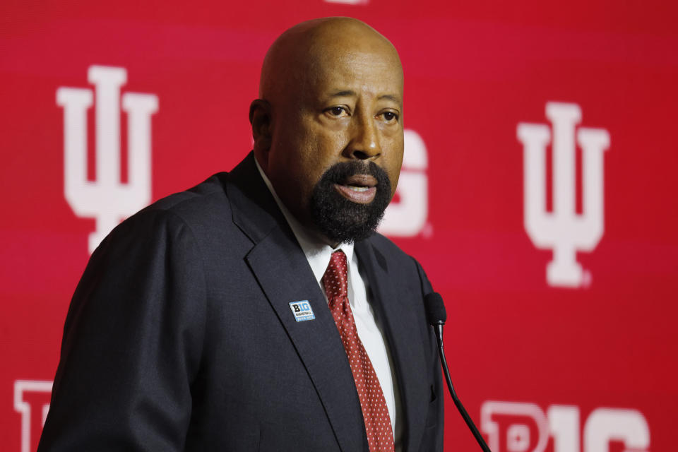 Indiana head coach Mike Woodson speaks during Big Ten NCAA college basketball Media Days Tuesday, Oct. 10, 2023, in Minneapolis. (AP Photo/Bruce Kluckhohn)