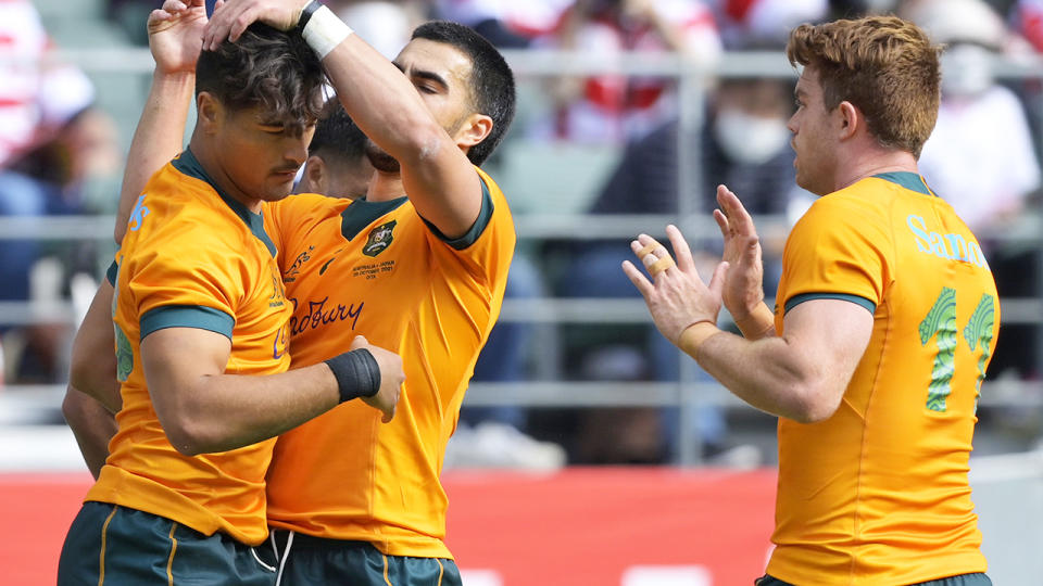 Jordan Petaia, pictured here after scoring a try for the Wallabies against Japan.