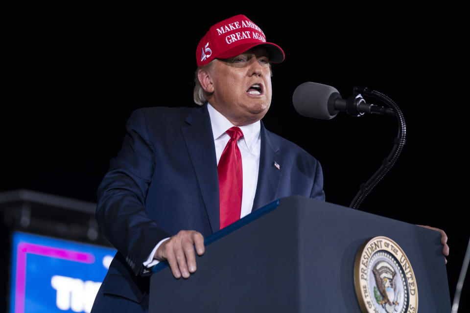 President Donald Trump speaks during a campaign rally at Miami-Opa-locka Executive Airport, Monday, Nov. 2, 2020, in Opa-locka, Fla. (AP Photo/Evan Vucci)