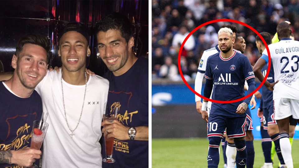 Luis Suarez (pictured far right) posing for a photo with Lionel Messi (pictured far left) and Neymar (pictured middle) and Neymar (pictured right) walking during PSG match.