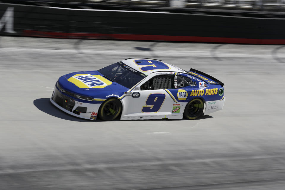 Chase Elliott (9) drives during a NASCAR Cup Series auto race at Bristol Motor Speedway Sunday, May 31, 2020, in Bristol, Tenn. (AP Photo/Mark Humphrey)