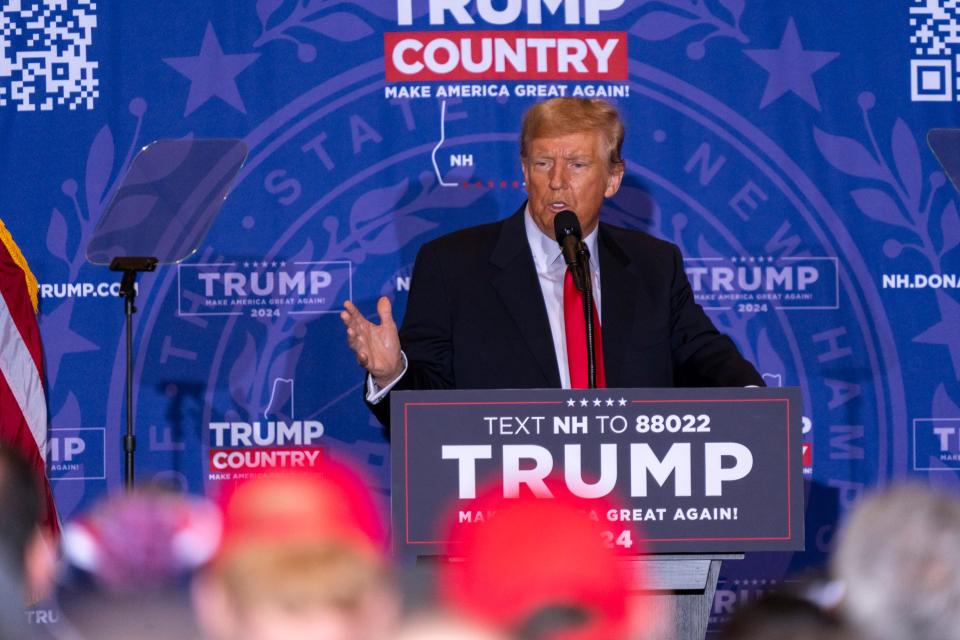 Former president Donald J. Trump speaks at a campaign rally at Atkinson Country Club and Resort in Atkinson, N.H., on Tuesday, January 16, 2024.