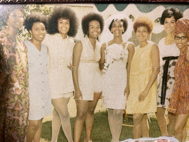 Ethel Sawyer is joined at her wedding in St. Louis in 1971 by other former Tougaloo College students  From the left Dorie Ladner,  Joyce Ladner, Ethel Sawyer and Janice Jackson.  Sawyer and Jackson were among the nine Tougaloo students who staged a "read-in'' at a whites-only library in 1961 in Jackson, Mississippi. The Ladner sisters went on to work with the Student Nonviolent Coordinating Committee. (Photo courtesy of Ethel Sawyer)