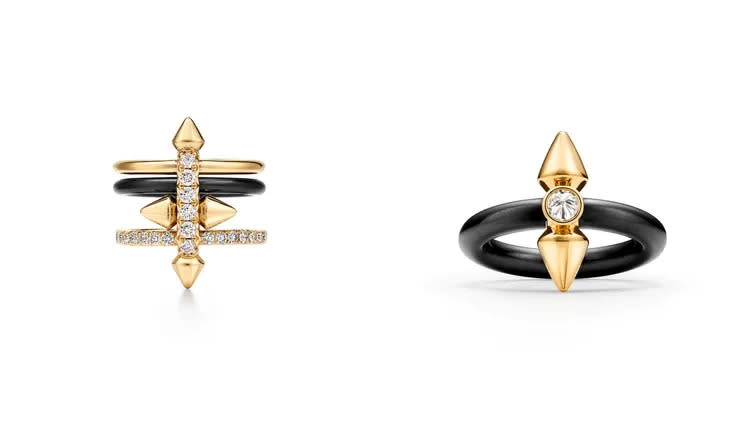 Tiffany Titan by Pharrell Williams系列，（左）18K黃金與黑鈦金鋪鑲鑽石戒指；（右）18K黃金與黑鈦金鑽石戒指