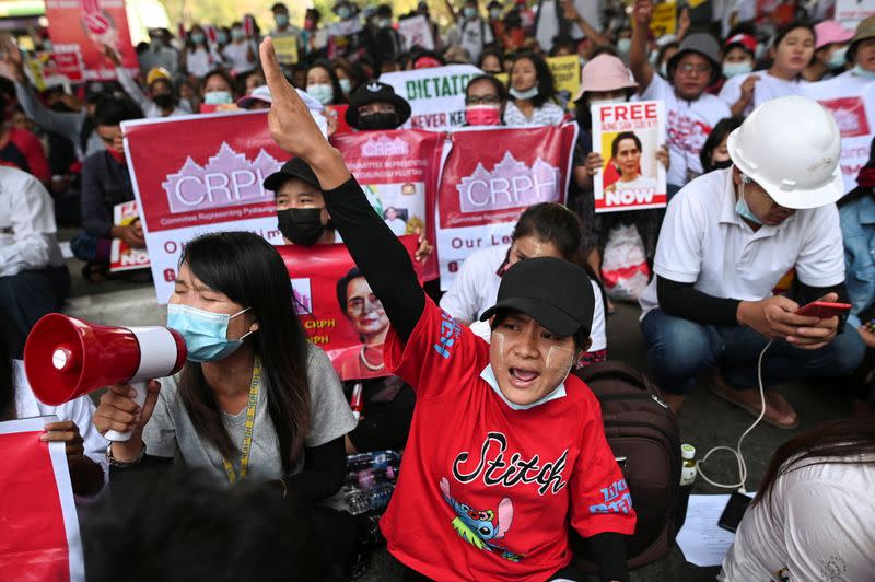 Factory workers rally against the military coup in Yangon