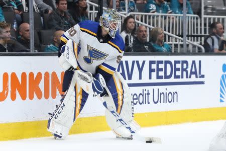 May 19, 2019; San Jose, CA, USA; St. Louis Blues goaltender Jordan Binnington (50) plays the puck from behind the net during the third period against the San Jose Sharks in Game 5 of the Western Conference Final of the 2019 Stanley Cup Playoffs at SAP Center at San Jose. Mandatory Credit: Darren Yamashita-USA TODAY Sports