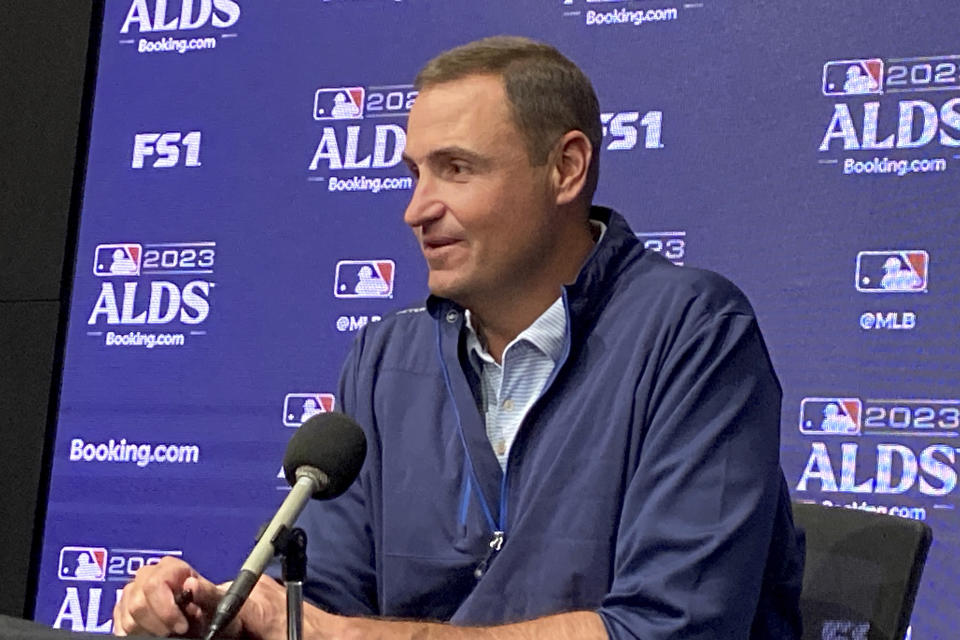 Chris Young, Texas Rangers executive vice president and general manager, responds to questions during a news conference Monday, Oct. 9, 2023, in Arlington, Texas. The Rangers are scheduled to play the Baltimore Orioles in Game 3 of MLB's ALDS, Tuesday at Globe Life Field. (AP Photo/Stephen Hawkins)