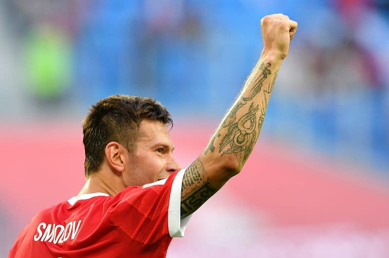 Russia's forward Fedor Smolov celebrates as he scores the team's second goal during the 2017 Confederations Cup group A football match against New Zealand June 17, 2017