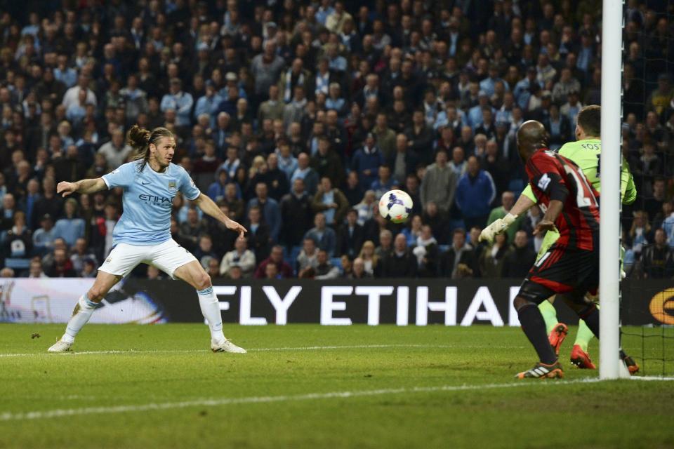 Manchester City's Demichelis scores a goal against West Bromwich Albion during their English Premier League soccer match at the Etihad stadium in Manchester