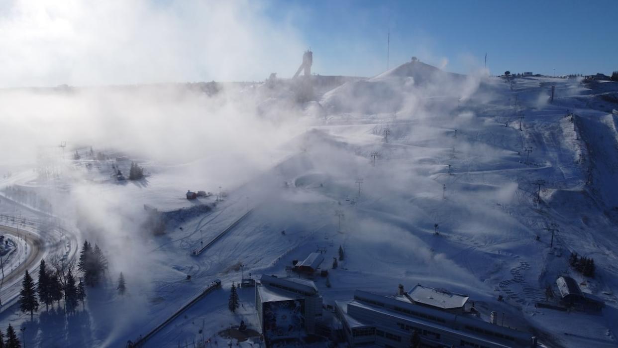 This week's cold snap will mean better conditions at the Canada Olympic Park's ski and snowboard hill. The hill is closed through Friday giving crews a chance to step up snowmaking operations.  (Submitted by WinSport - image credit)