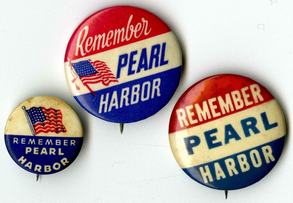 <u></u>Pins like these showed a commitment to winning the war, but they also provided manufacturers some quick income.