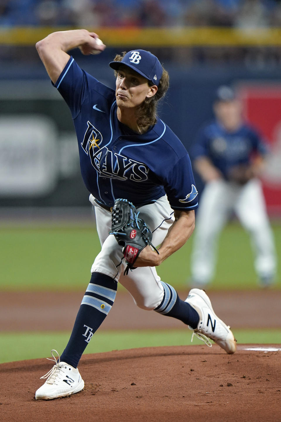 Tampa Bay Rays starting pitcher Tyler Glasnow delivers to the Washington Nationals during the first inning of a baseball game Tuesday, June 8, 2021, in St. Petersburg, Fla. (AP Photo/Chris O'Meara)