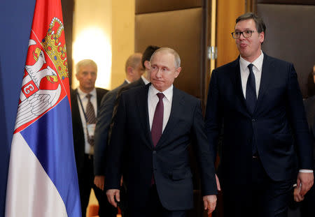 Russian President Vladimir Putin and Serbian President Aleksandar Vucic arrive for a news conference in Belgrade, Serbia, January 17, 2019. REUTERS/Stoyan Nenov