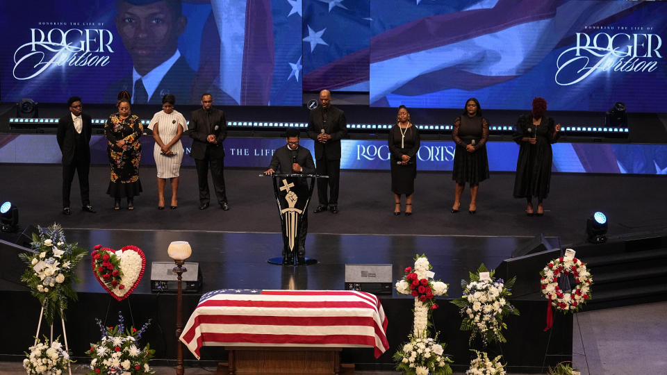 The funeral for slain airman Roger Fortson is held at New Birth Missionary Baptist Church, Friday, May 17, 2024, near Atlanta. (AP Photo/Brynn Anderson)