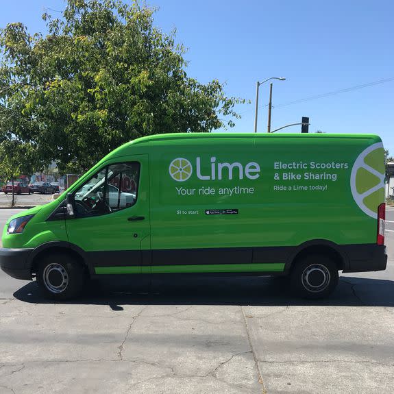 Lime drives bright green bikes around to distribute and pick up bicycles.