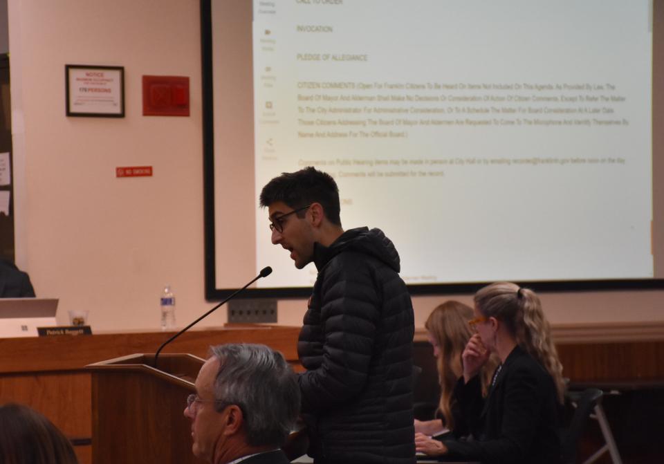 Jared Sullivan speaks to the Franklin Board of Mayor and Aldermen at the Tuesday, April 25 meeting.