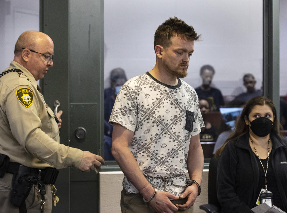 Brandon Toseland, a suspect in the death of a child, appears in court, Wednesday, Feb. 23, 2022, at the Regional Justice Center in Las Vegas. Toseland was arrested in connection with the death of his girlfriend's 4-year-old son, whose body was found in a freezer inside a northeast Las Vegas home. (Bizuayehu Tesfaye/Las Vegas Review-Journal via AP)