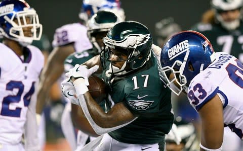 Philadelphia Eagles wide receiver Alshon Jeffery (17) scores a touchdown in the second half against the New York Giants - Credit: (Danielle Parhizkaran/USA Today)