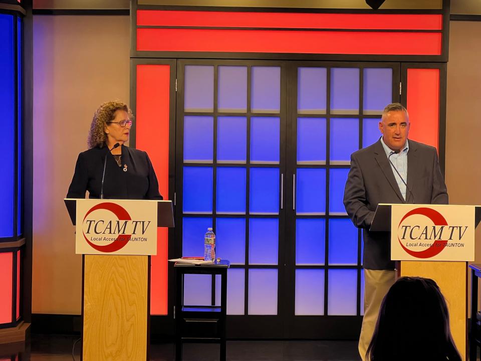 Chris Coute, right, fields a question at a debate with incumbent State Rep. Carol Doherty, D. Taunton, left, on Thursday, Oct. 20, 2022, in the TCAM studio. Coute, a Taunton city councilor, is the Republican challenger in the state rep race.