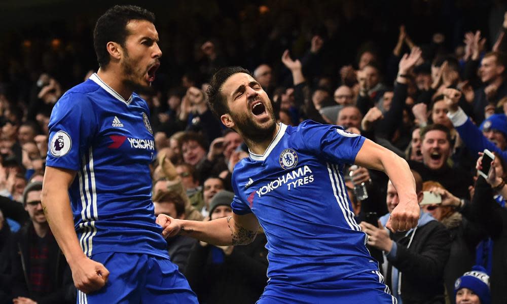 Chelsea’s Cesc Fàbregas and Pedro celebrate the first goal against Swansea.