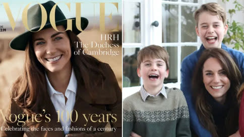 The Princess of Wales on the June 2016 issue of Vogue (right) and in her infamous family snap released on Mother's Day. (Vogue/X/@rubynaldrett/@KensingtonRoyal)
