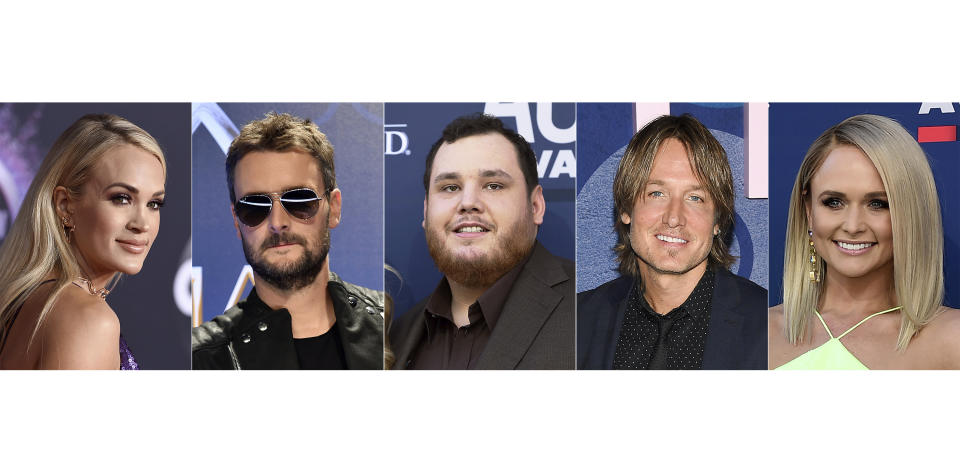 Una combinación de fotografías, de izquierda a derecha, Carrie Underwood, Eric Church, Luke Combs, Keith Urban y Miranda Lambert, quienes fueron nominados a artista del año para la 54ª entrega anual de los Premios CMA el 1 de septiembre de 2020. (Foto AP)