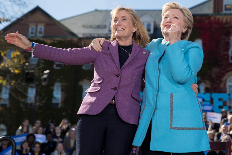 New Hampshire Democratic Senate candidate, Gov. Maggie Hassan, left, stands with Democratic presidential candidate Hillary Clinton, right, after speaking at a rally at St. Anselm College in Manchester, N.H., Monday, Oct. 24, 2016. (Photo: Andrew Harnik/AP)