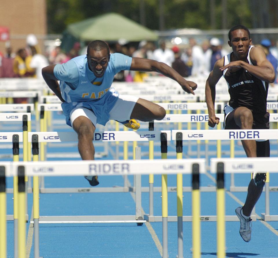 Cape Henlopen's Isaiah Brisco wins the boys division II 110 hurdles at the 2008 state track and field meet at Caesar Rodney High School.