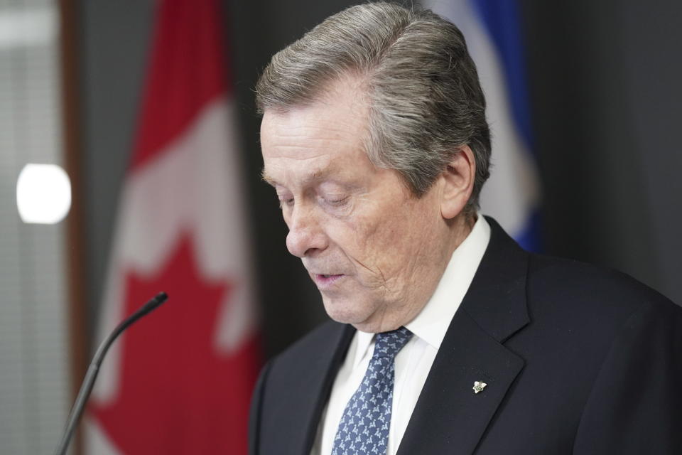 Toronto Mayor John Tory speaks during a news conference at City Hall in Toronto, Ontario, Friday, Feb. 10, 2023. Tory says he is resigning after acknowledging he had an affair with a former staffer. (Arlyn McAdorey/The Canadian Press via AP)