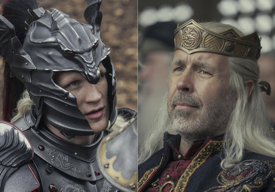 En esta combinación de fotos difundidas por HBO Max, Matt Smith como Daemon Targaryen, izquierda, y Prince Paddy Considine como el rey Viserys Targaryen en distintas escenas de la serie "House of the Dragon", una precuela de "Game of Thrones" que se estrena el domingo. (HBO Max vía AP)