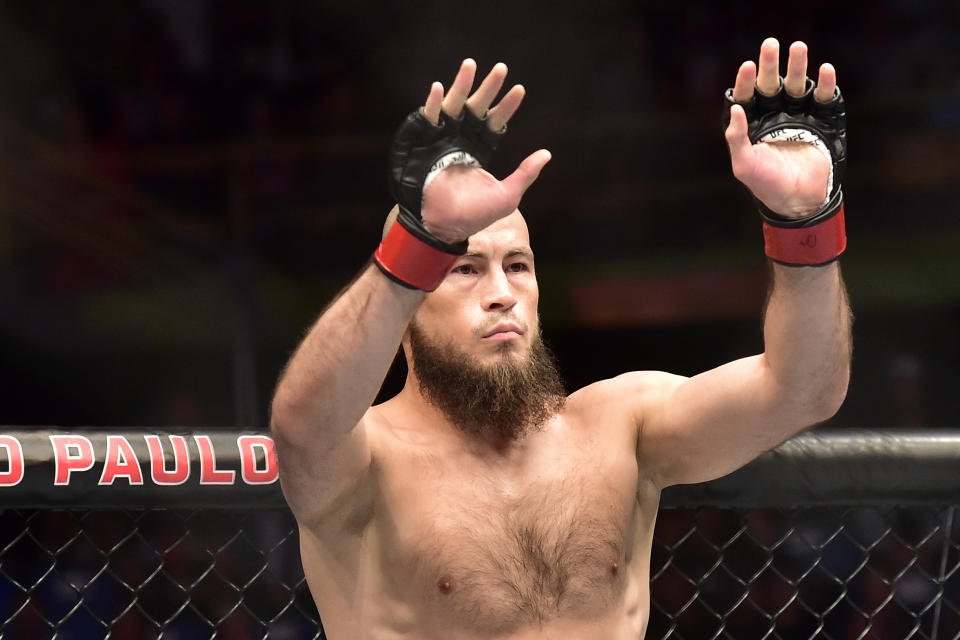 Nov 4, 2023; Sao Paulo, Brazil; Rinat Fakhretdinov (red gloves) prepares to fight Elizea Zaleski Dos Santos (not pictured) during UFC Fight Night at Ibirapuera Arena. Mandatory Credit: Jason da Silva-USA TODAY Sports