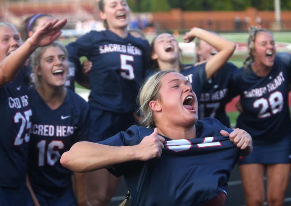 Sacred Heart’s Norah Teff celebrates winning the Kentucky Lacrosse Championship. May 18, 2023