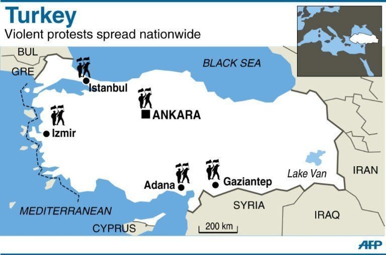 Graphic map of Turkey showing selected main cities affected by violent protests. Turkey's Islamic-rooted government says it has "learnt its lesson" and appealed for an end to mass street protests that have convulsed the country for days in the worst political crisis in a decade