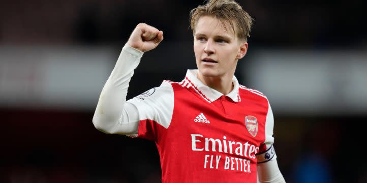 Martin Odegaard celebrating after Arsenal's Premier League victory over Everton at Emirates Stadium, London, March 2023. Credit: Alamy