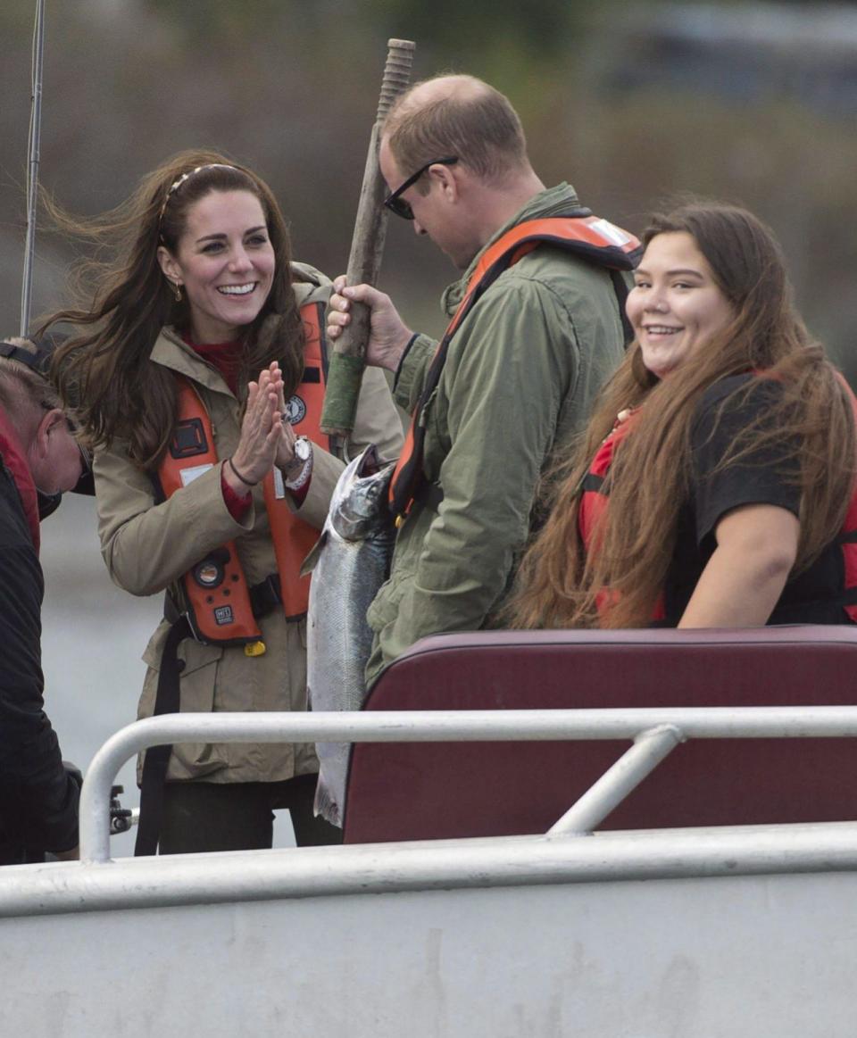 The Duke and Duchess of Cambridge sail aboard the Pacific Grace tall ship with members of the Sail and Life Training society before docking at Ship Point at the inner harbour in Victoria, B.C., Saturday, October 1, 2016. THE CANADIAN PRESS/Chad Hipolito