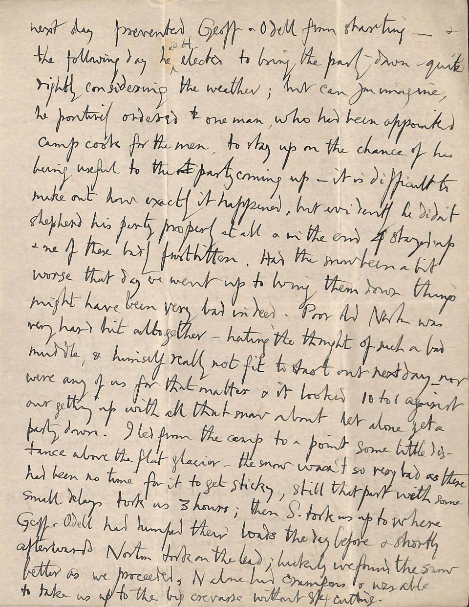 This is an undated photo provided by Magdalene College Cambridge on Monday, April 22, 2024 of part of the final letter that mountaineer George Mallory wrote to his wife before he vanished on Mount Everest a century ago. The letter has been digitalized. The letter was published on Monday by Mallory's Cambridge University college. In it, he tried to ease her worries though he said his chances of reaching the world’s highest peak were “50 to 1 against us.” (Reproduced with Permission of the Master and Fellows of Magdalene College, Cambridge via AP)