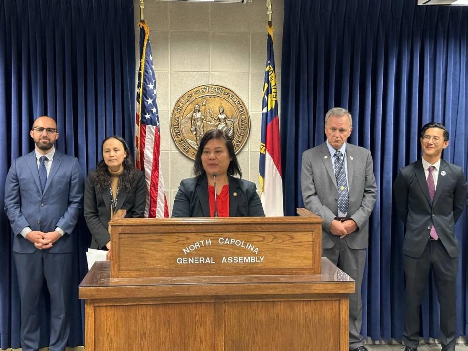 Rep. Maria Cervania, a Wake County Democrat, discusses the formation of a new AAPI Caucus during a press conference at the Legislative Building in Raleigh, N.C. on Wednesday, May 17, 2023. Avi Bajpai/abajpai@newsobserver.com